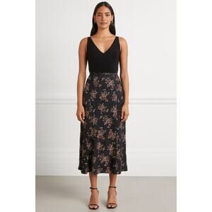 Vintage Anise Women’s Midi Slip Skirt Satin Chocolate Brown Floral Size 14 Fairy